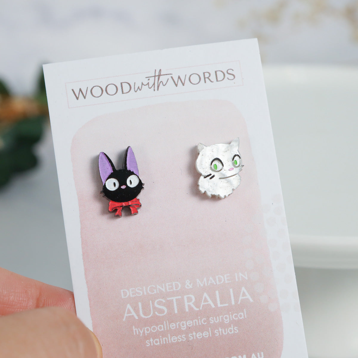 Jiji and Lily Acrylic Stud Earrings Wood With Words