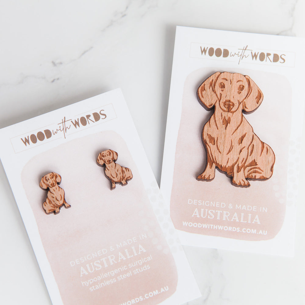 Dachshund Sausage Dog Wooden Stud Earrings - Wood With Words