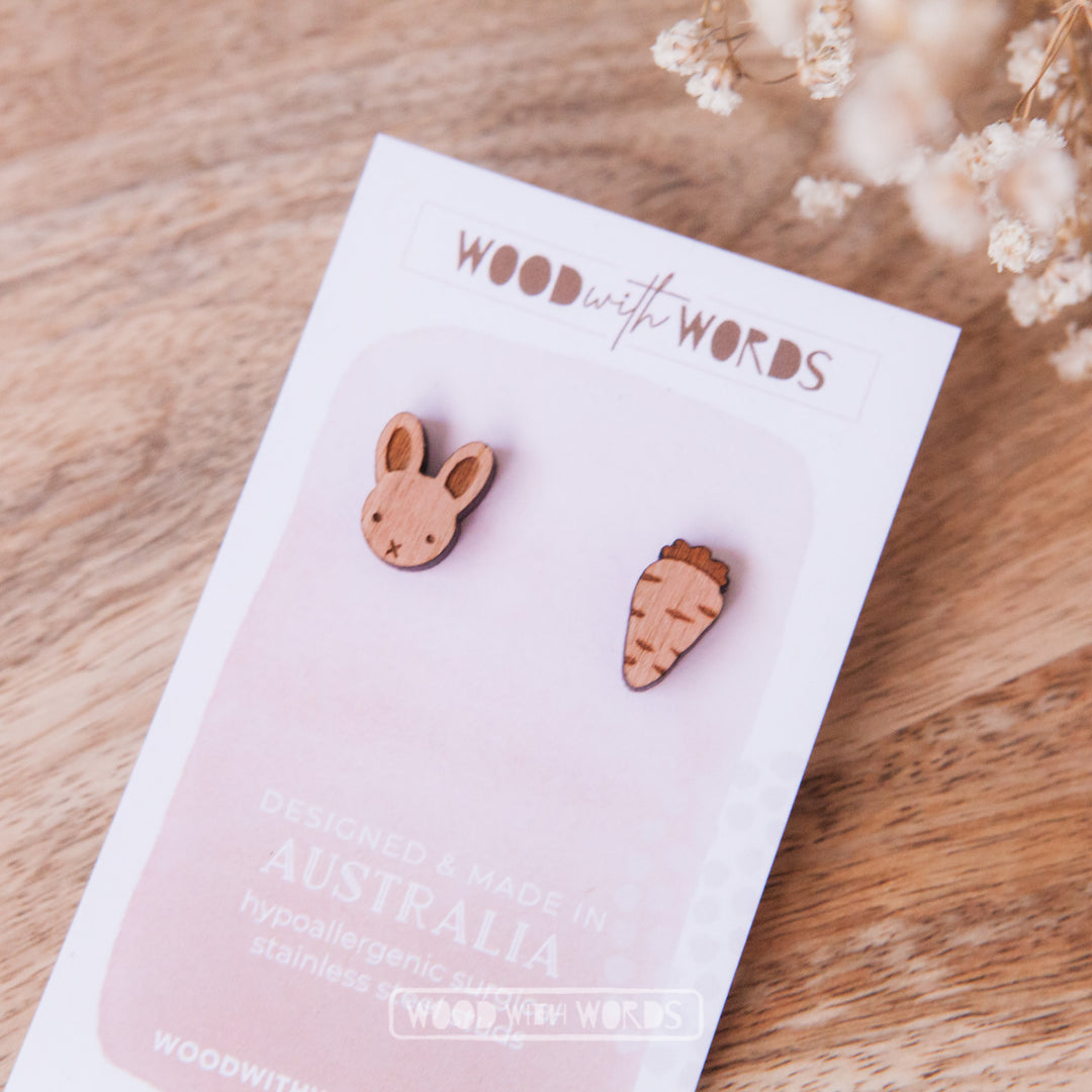Rabbit and Carrot Wooden Stud Earrings