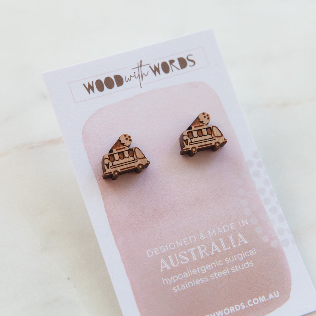 Ice Cream Truck Wooden Stud Earrings - Wood With Words