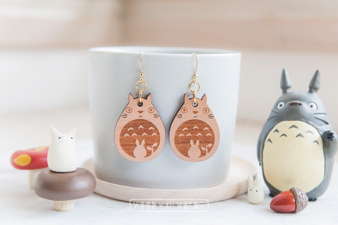 Totoro Wooden Dangle Earrings - Wood With Words