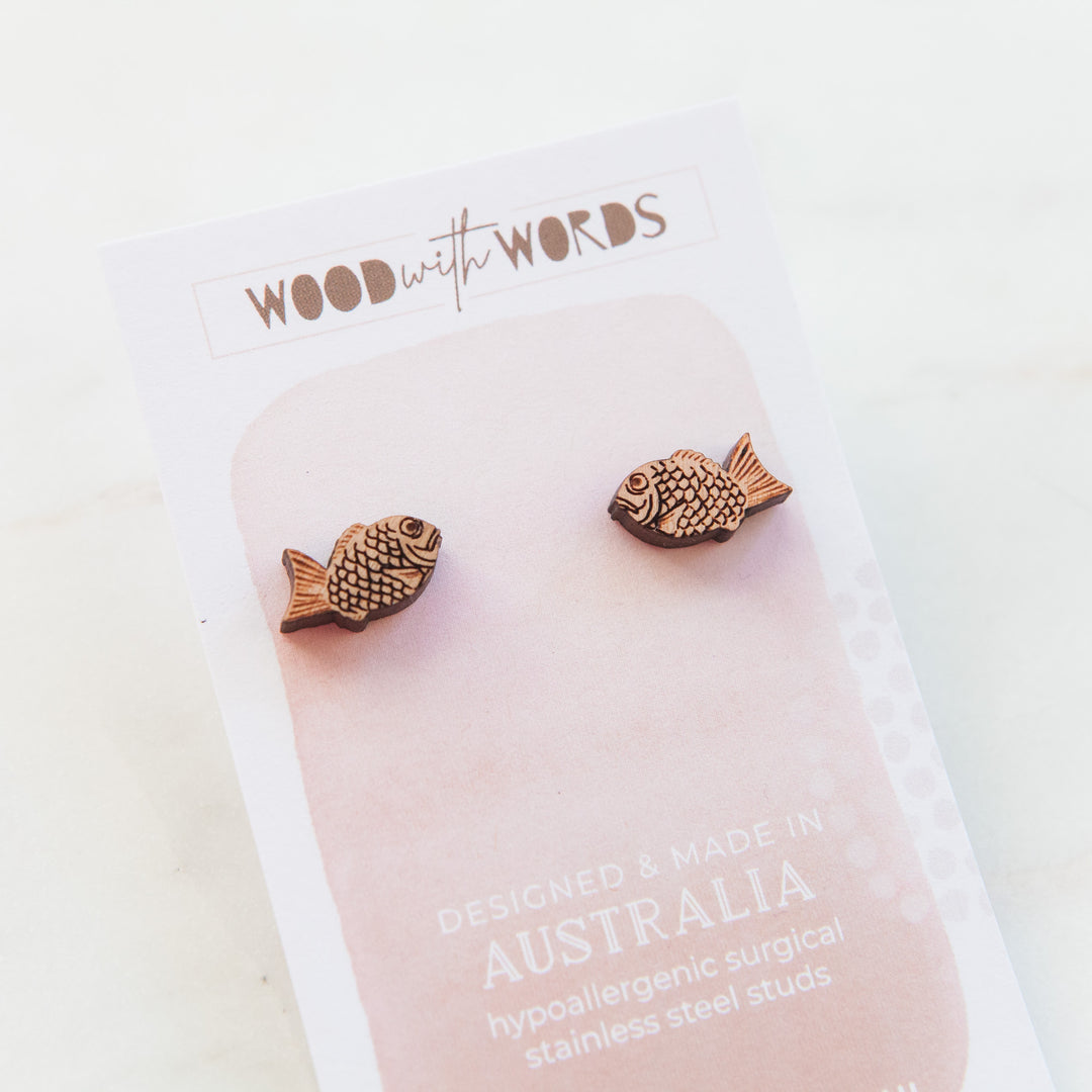 Fish Seabream Wooden Stud Earrings - Wood With Words