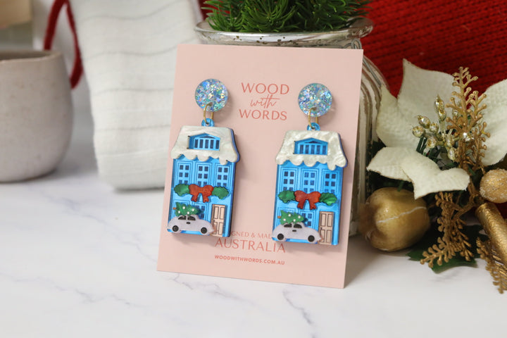 Christmas Blue House Acrylic Dangle Earrings