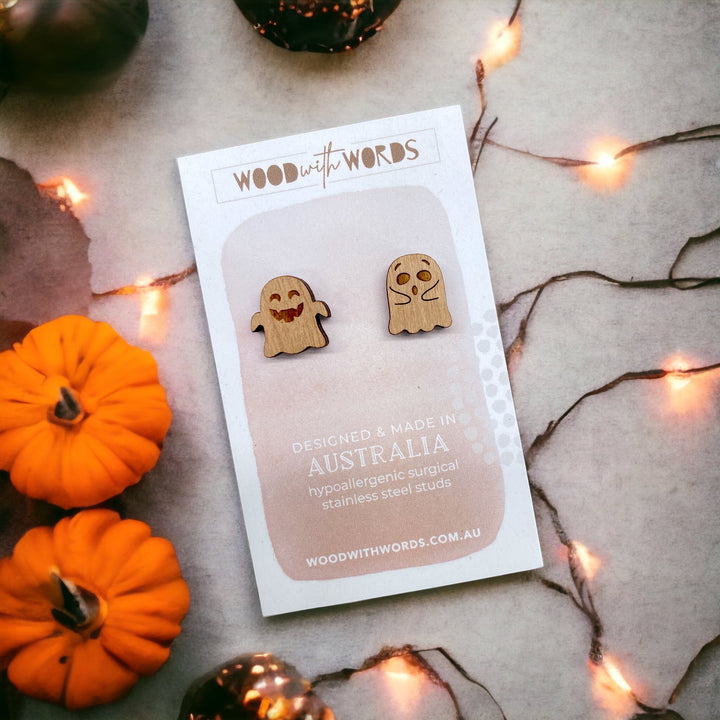 Sheet Ghost Wooden Stud Earrings