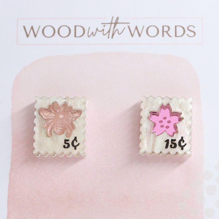 Bee and Blossom Vintage Postage Stamps Acrylic Stud Earrings