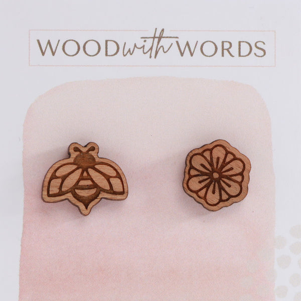 Bee and Blossom Wooden Stud Earrings