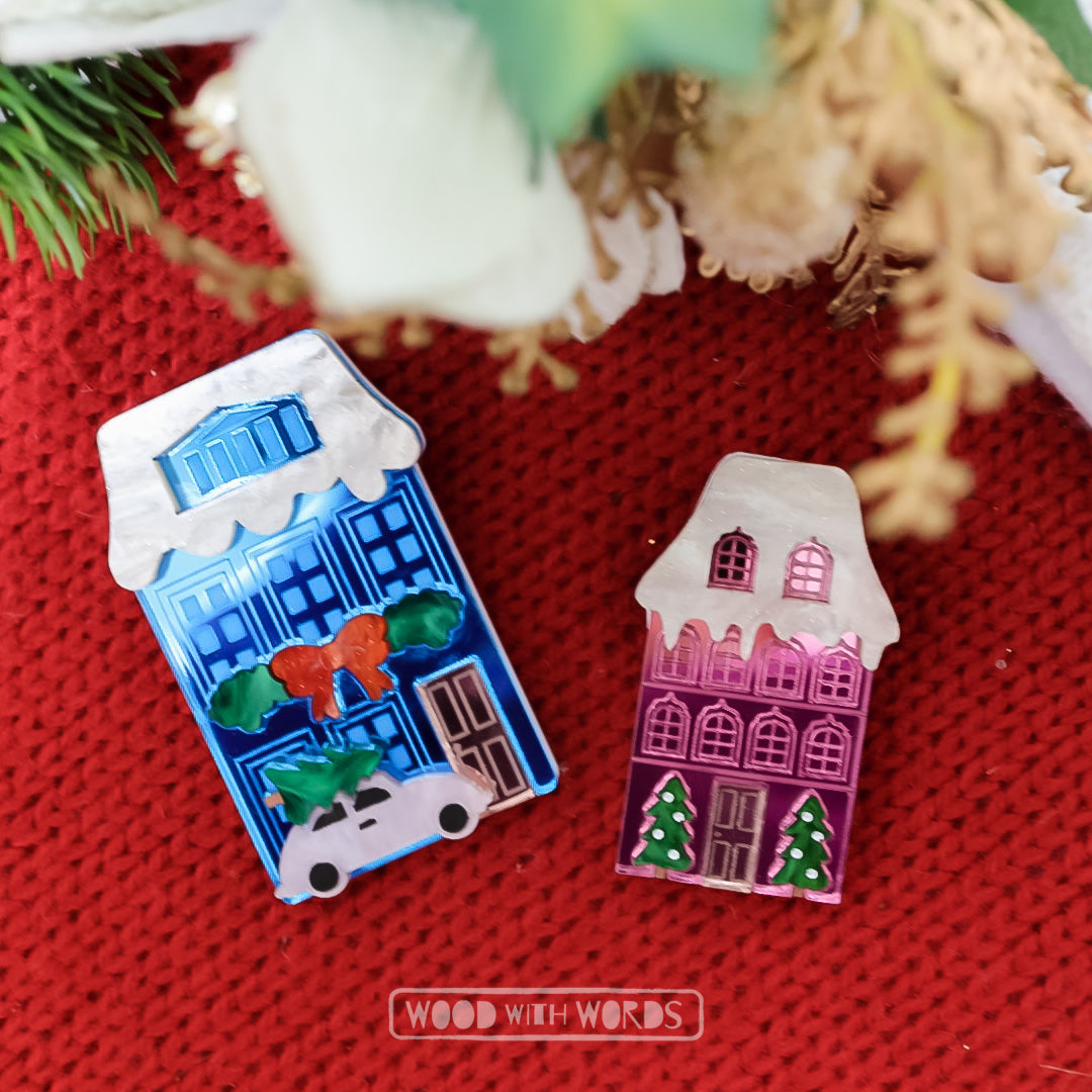 Christmas Blue House Brooch