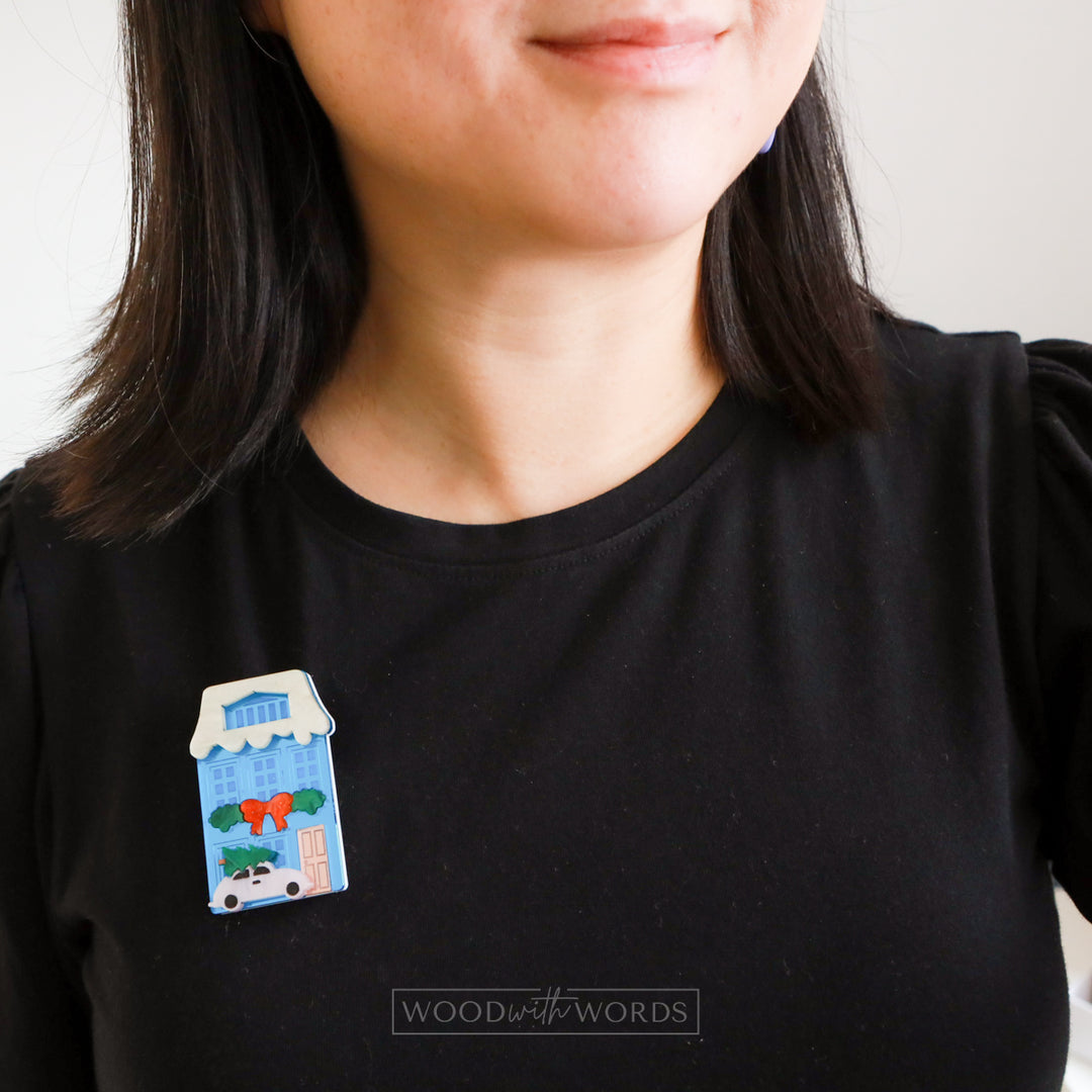 クリスマスブルーハウスブローチ