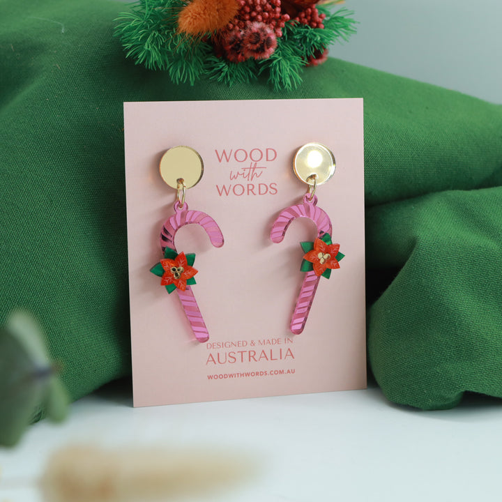 キャンディケインポインセチアアクリルダングルイヤリング