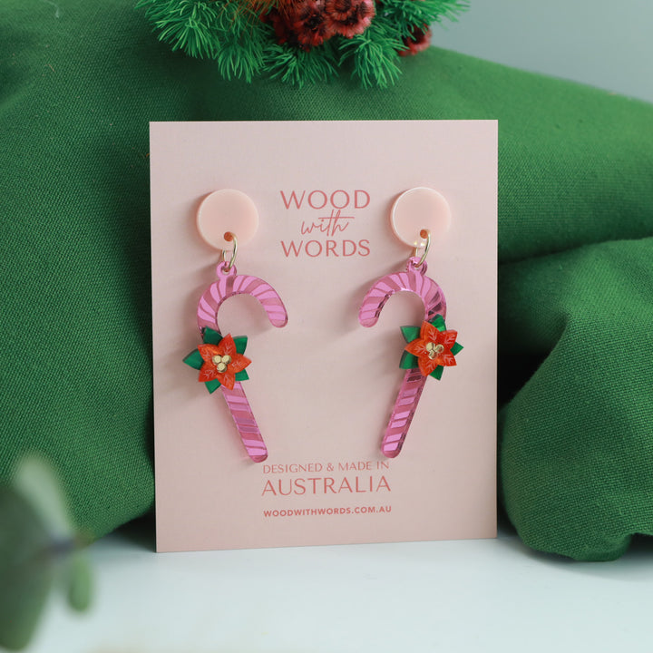 キャンディケインポインセチアアクリルダングルイヤリング
