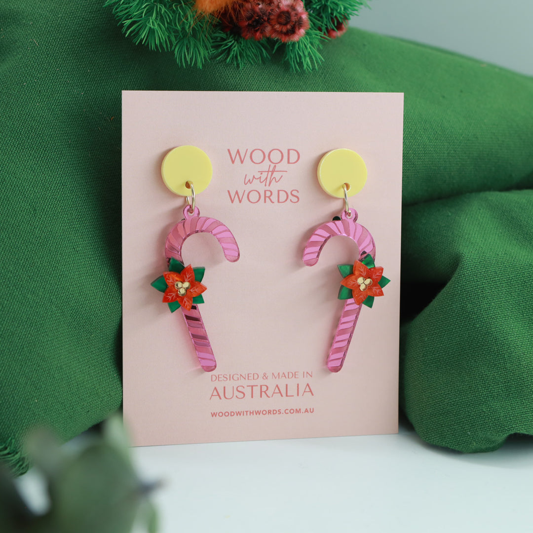 キャンディケインポインセチアアクリルダングルイヤリング
