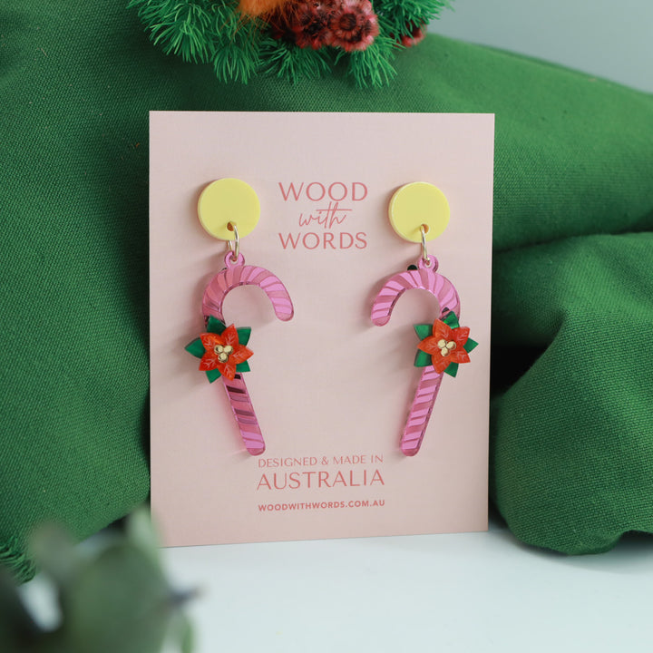 キャンディケインポインセチアアクリルダングルイヤリング