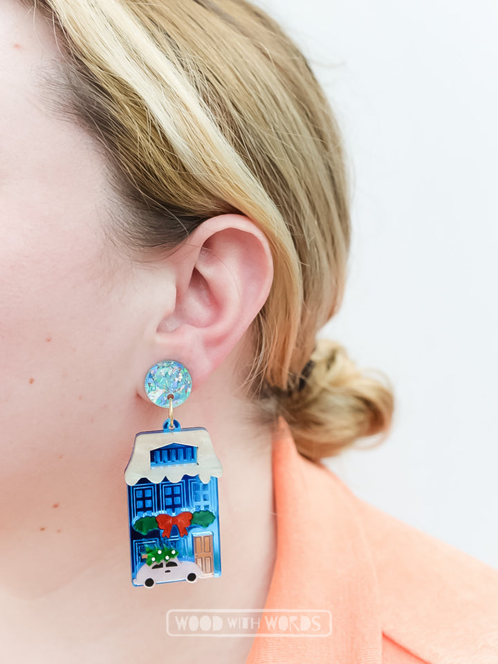 Christmas Blue House Acrylic Dangle Earrings