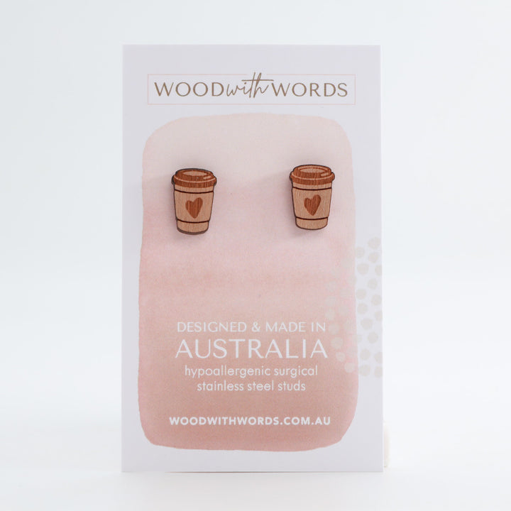 Coffee Cup Wooden Stud Earrings