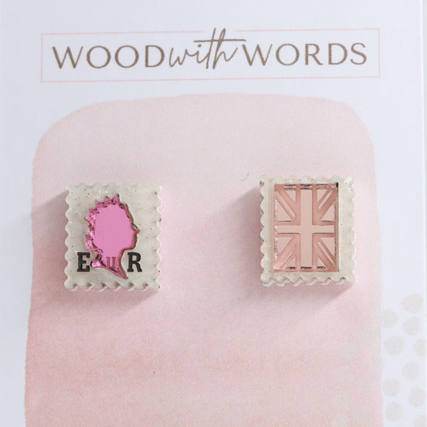 Elizabeth Regina Vintage Postage Stamps Acrylic Stud Earrings