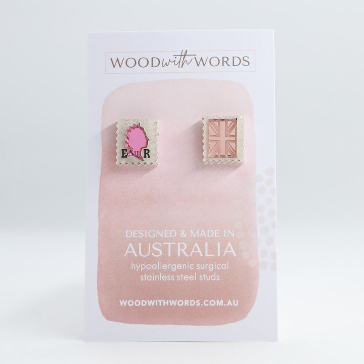 Elizabeth Regina Vintage Postage Stamps Acrylic Stud Earrings