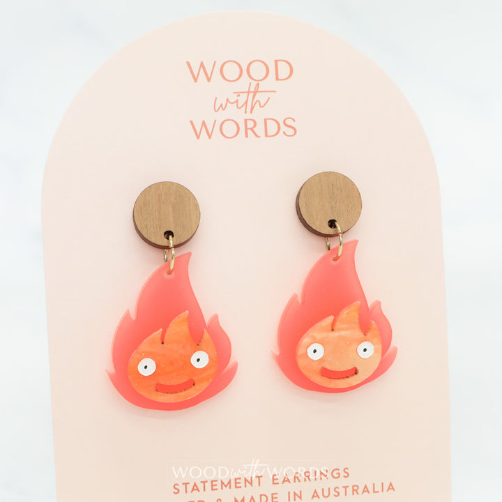 Fire Element Wood Top Dangle Earrings