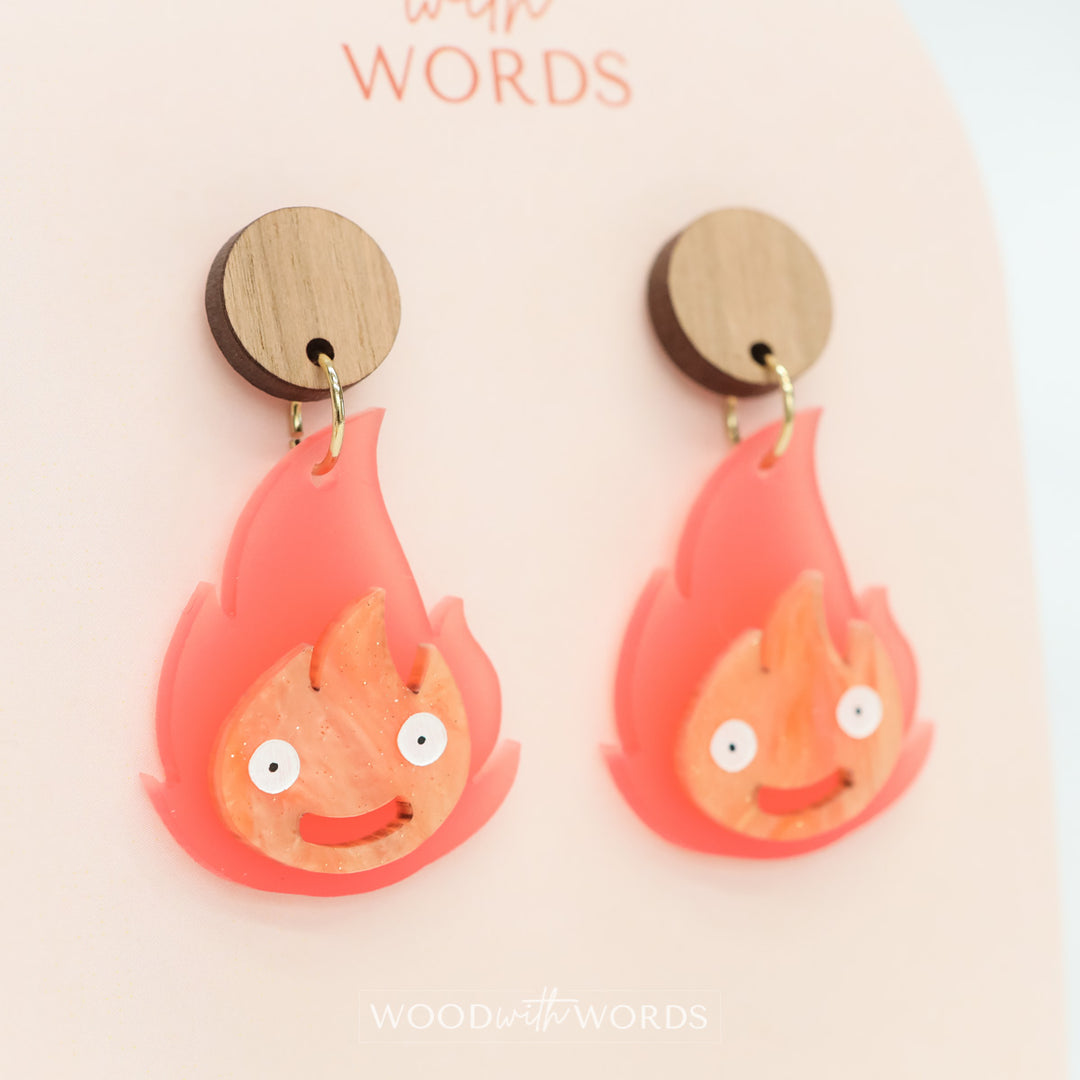 Fire Element Wood Top Dangle Earrings