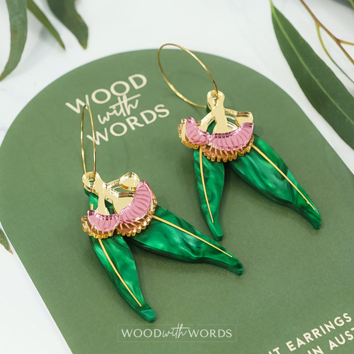 Pink Flowering Gumnut Eucalyptus Dangle Earrings