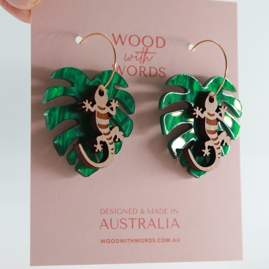 Gecko Monstera Leaf Hoop Dangles