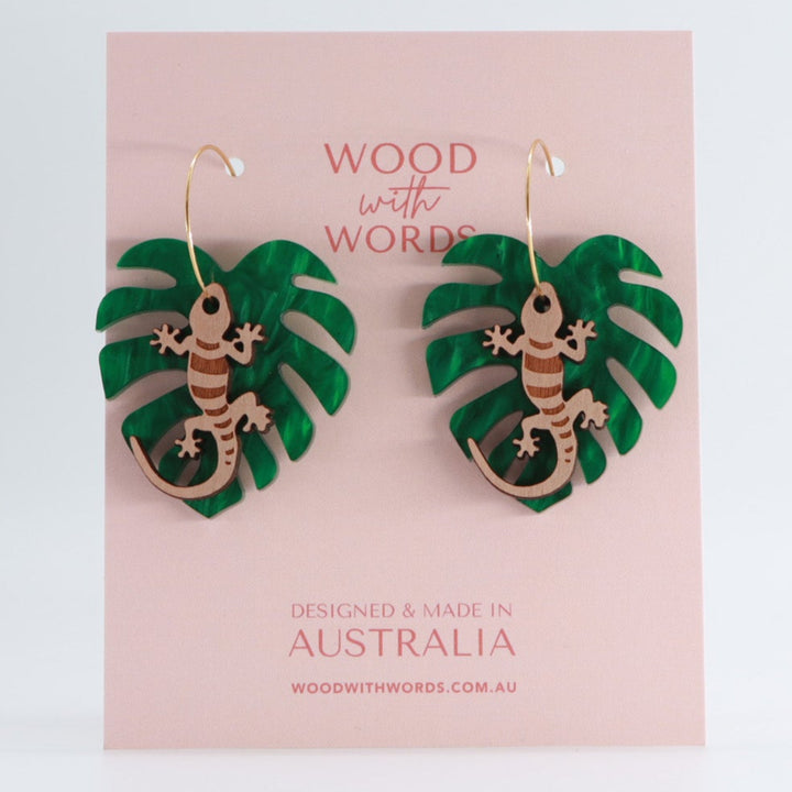 Gecko Monstera Leaf Hoop Dangles