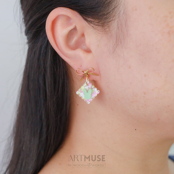 Gold Bow Stud Confetti Mint Bunny Acrylic Earrings