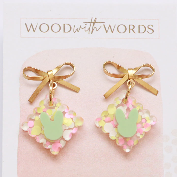 Gold Bow Stud Confetti Mint Bunny Acrylic Earrings