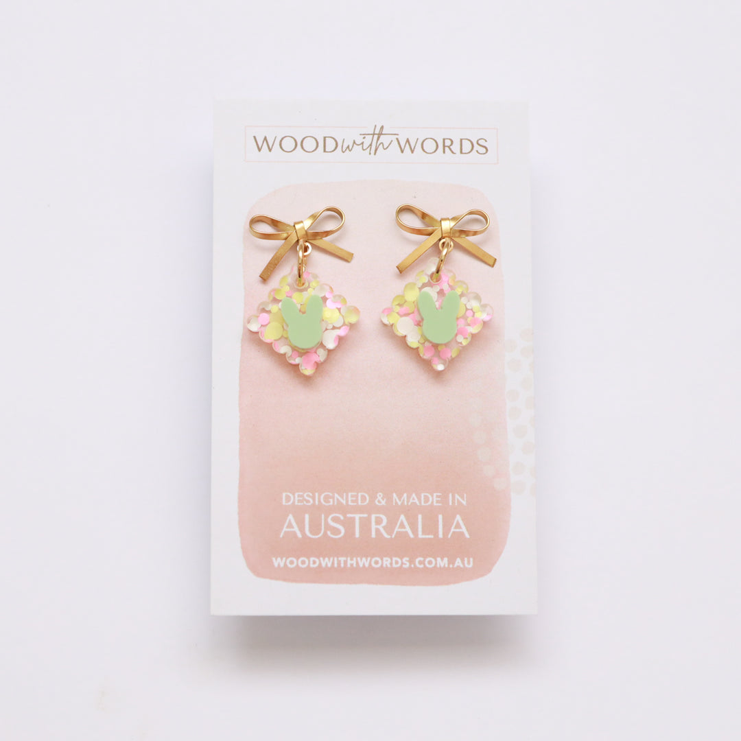 Gold Bow Stud Confetti Mint Bunny Acrylic Earrings