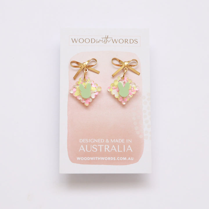 Gold Bow Stud Confetti Mint Bunny Acrylic Earrings