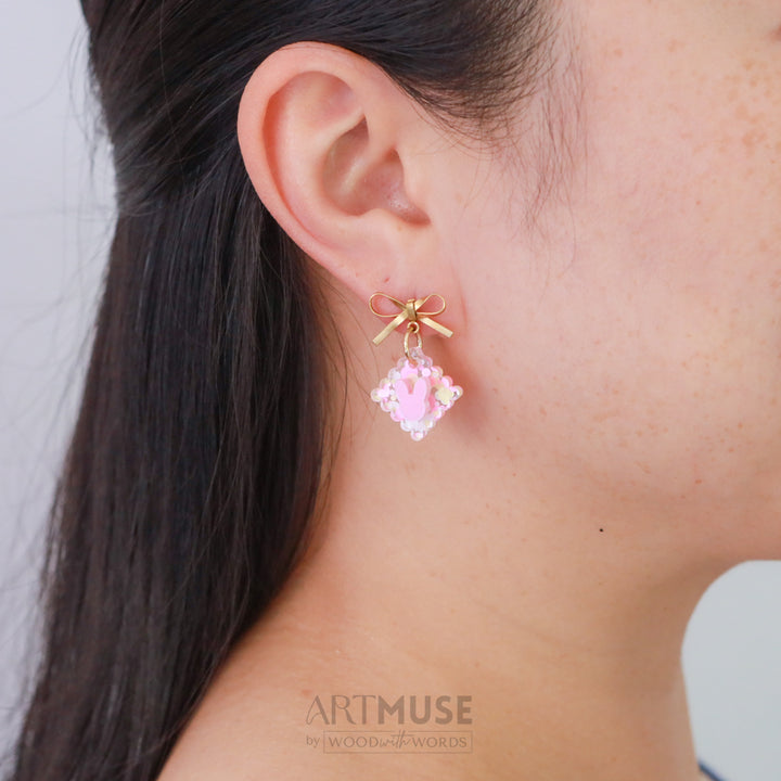 Gold Bow Stud Confetti Pink Bunny Acrylic Earrings