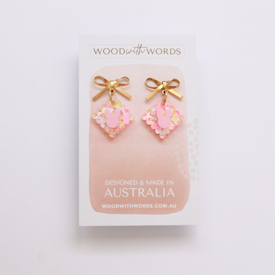 Gold Bow Stud Confetti Pink Bunny Acrylic Earrings