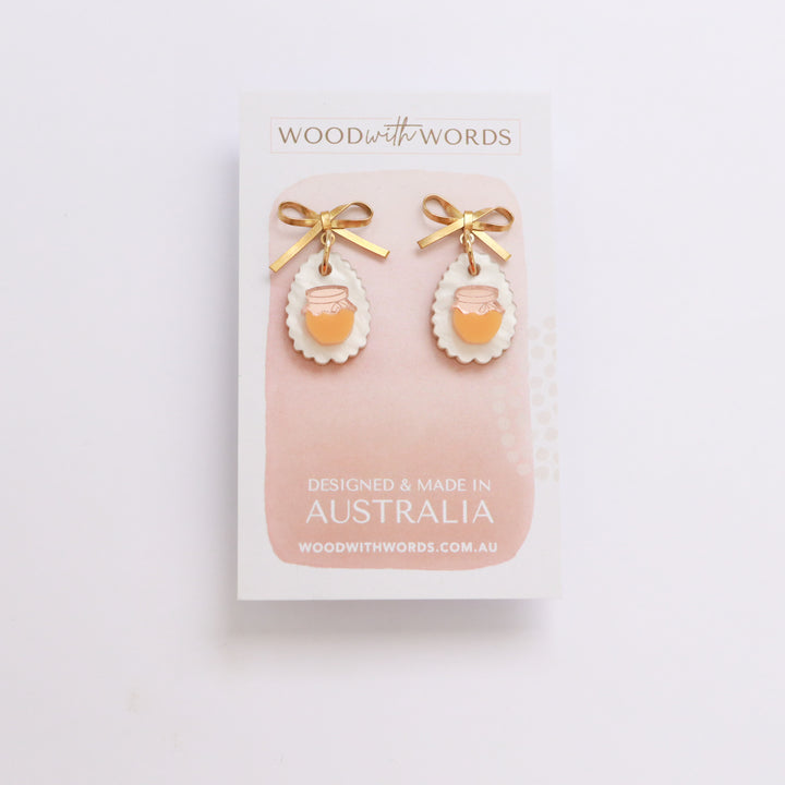 Gold Bow Stud Honey Jar Acrylic Earrings