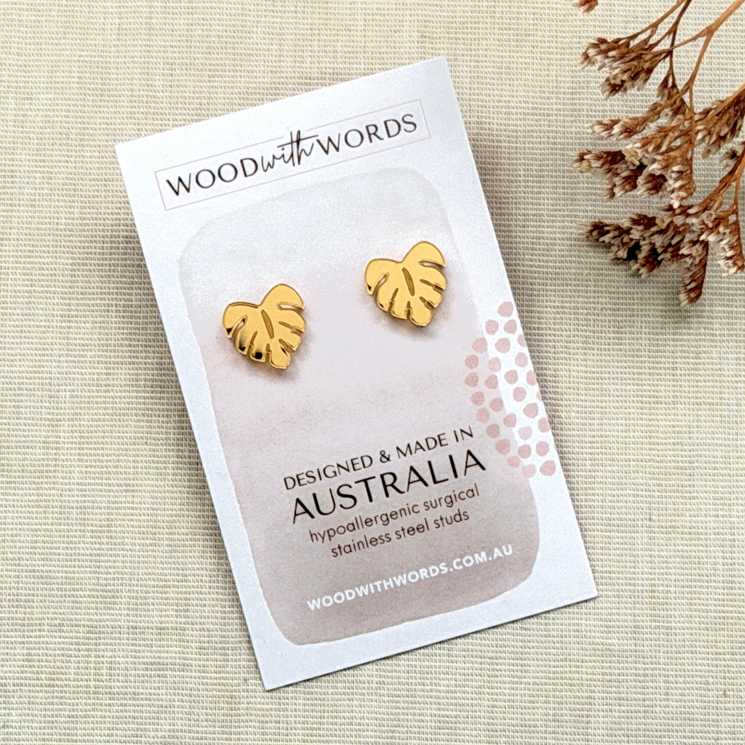 Gold  Heart Monstera Acrylic Stud Earrings