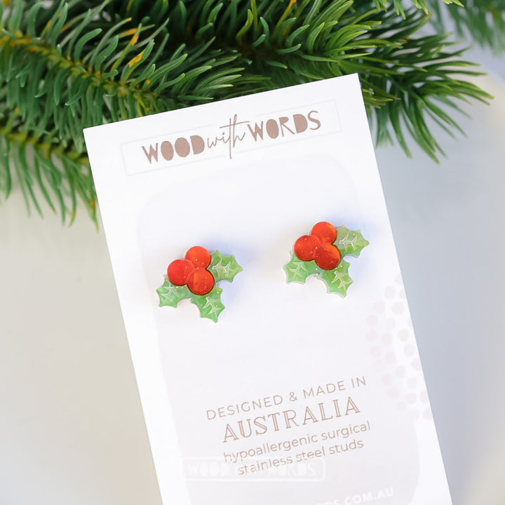 Christmas Holly Acrylic Stud Earrings