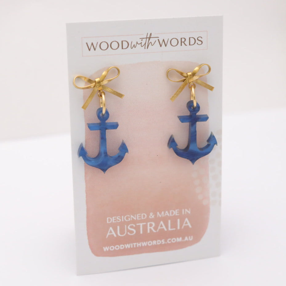 Gold Bow Stud Blue Anchor Acrylic Earrings