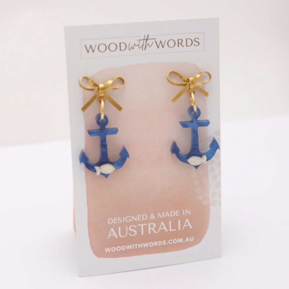 Gold Bow Stud Blue Anchor Acrylic Earrings