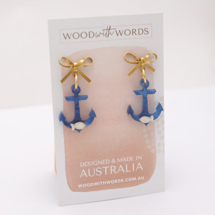 Gold Bow Stud Blue Anchor Acrylic Earrings