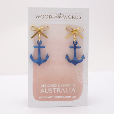Gold Bow Stud Blue Anchor Acrylic Earrings