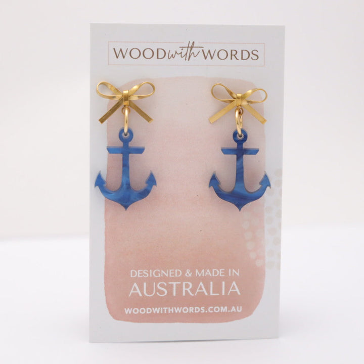 Gold Bow Stud Blue Anchor Acrylic Earrings