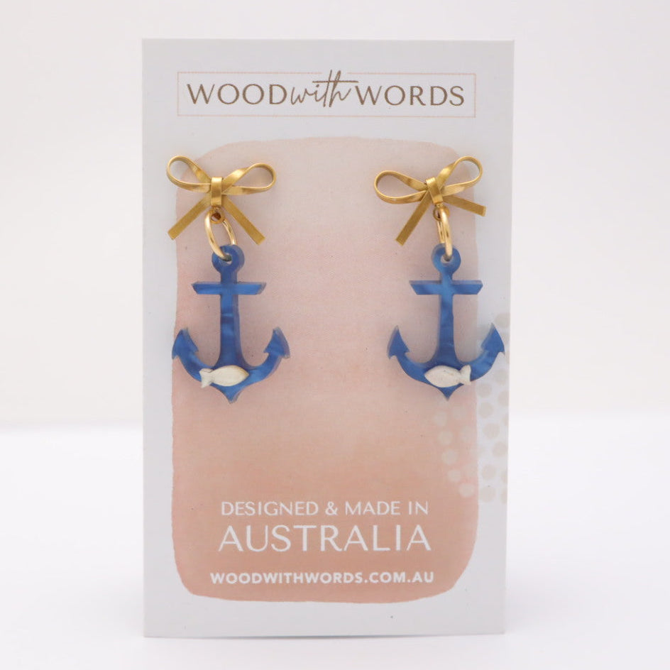 Gold Bow Stud Blue Anchor Acrylic Earrings