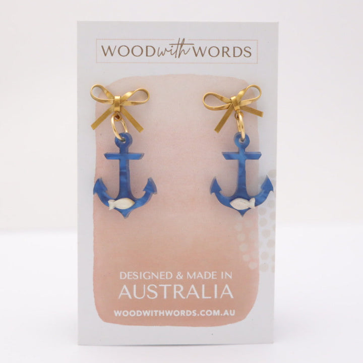 Gold Bow Stud Blue Anchor Acrylic Earrings