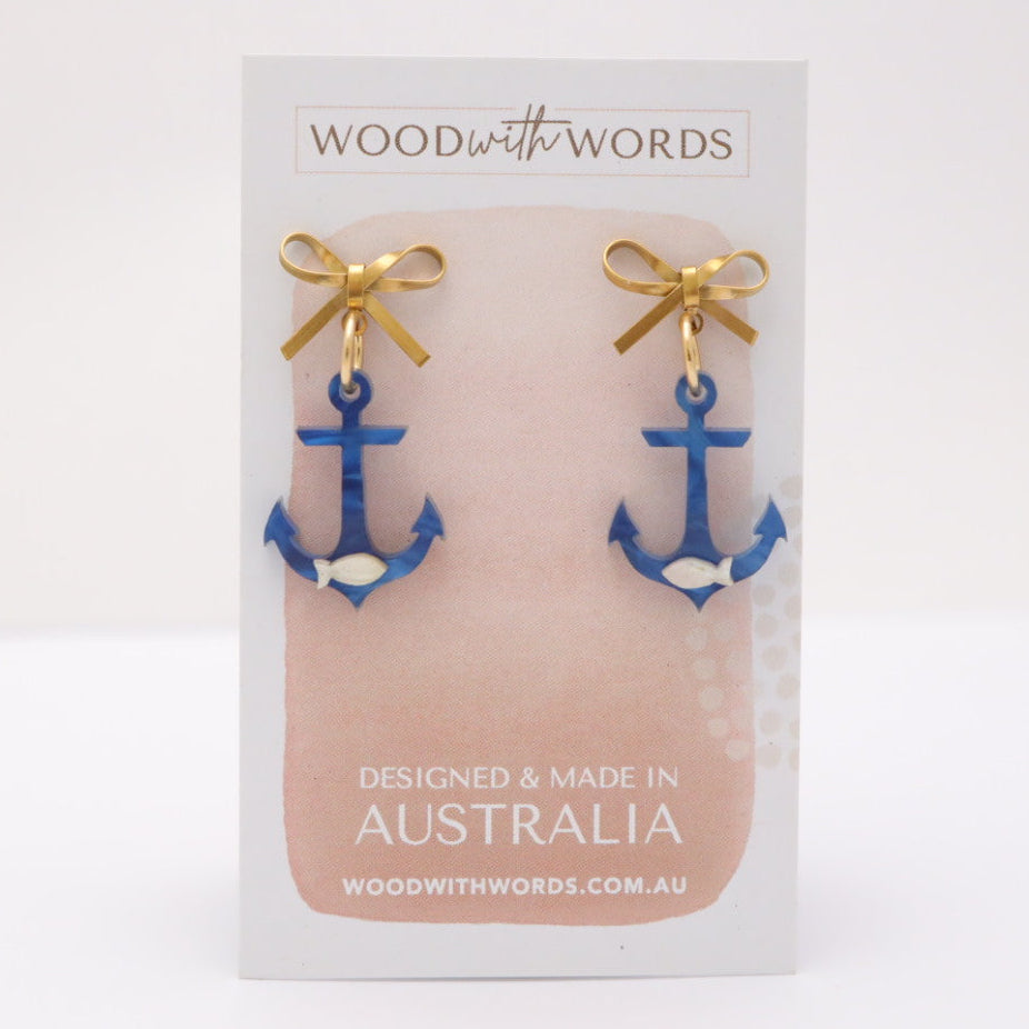 Gold Bow Stud Blue Anchor Acrylic Earrings