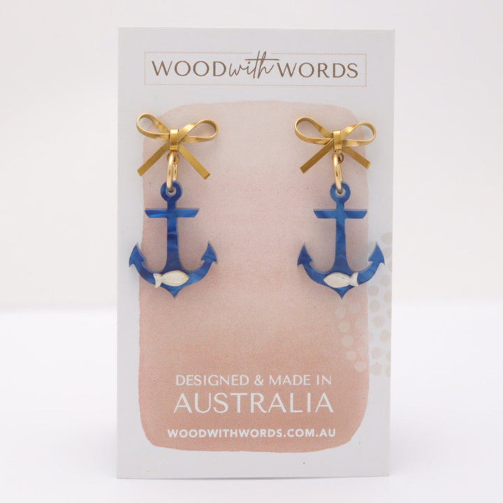 Gold Bow Stud Blue Anchor Acrylic Earrings