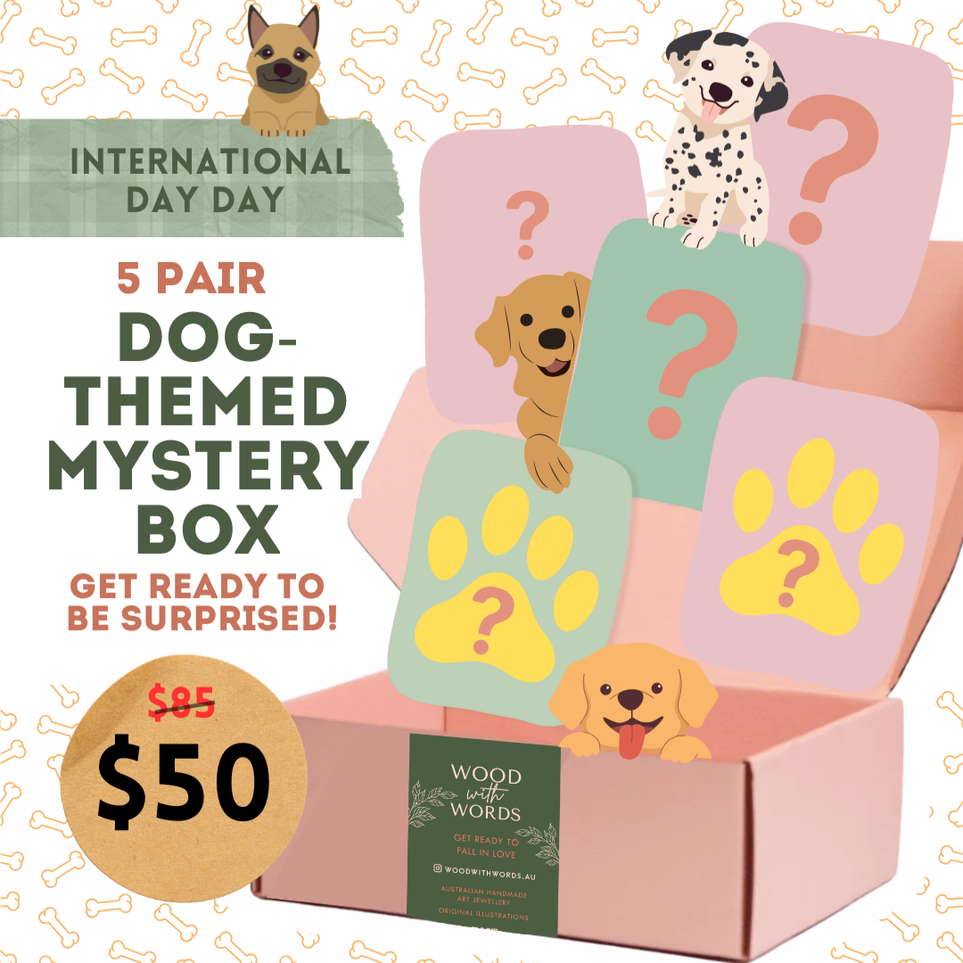 International Dog Day - Mystery Box of Cute Dog Earrings by Wood With Words. Australian Made