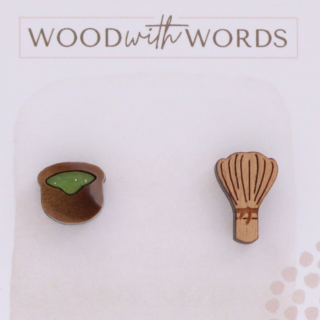 Matcha Bowl and Chasen Bamboo Whisk Stud Earrings