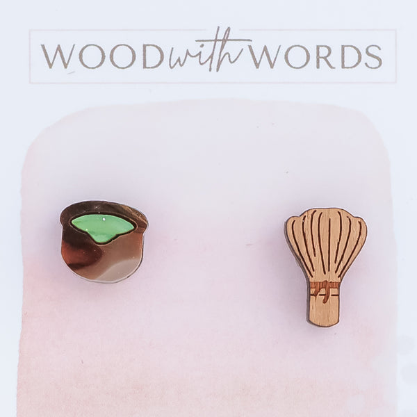 Matcha Bowl and Chasen Bamboo Whisk Stud Earrings