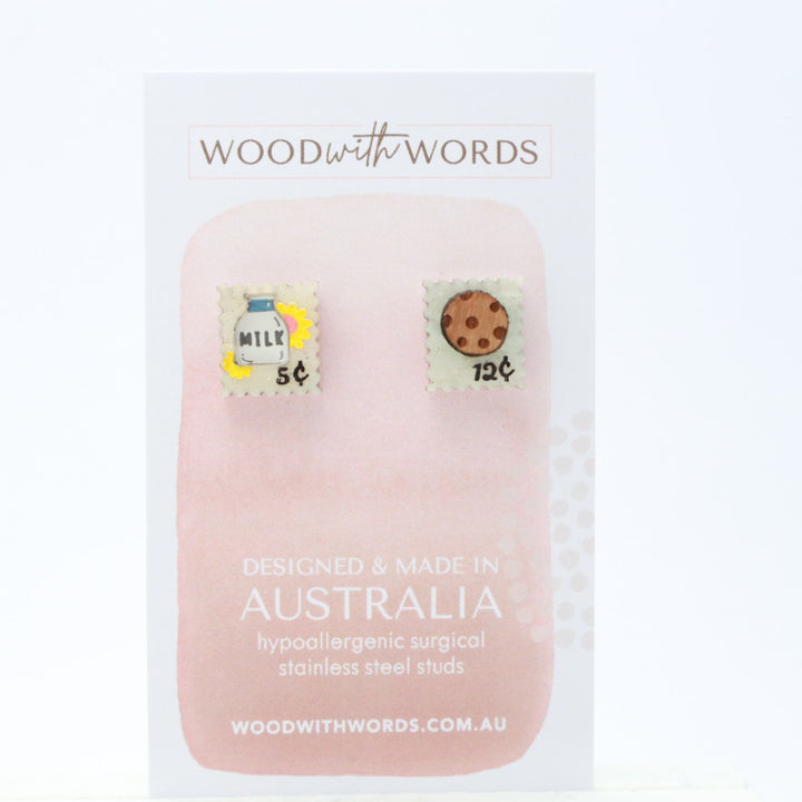 Milk and Cookie VIntage Postage Stamps Acrylic Stud Earrings