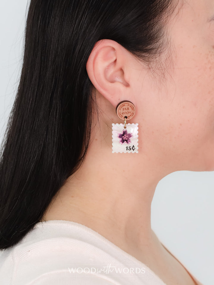 Bee and Blossom Postage Stamp Dangle Earrings