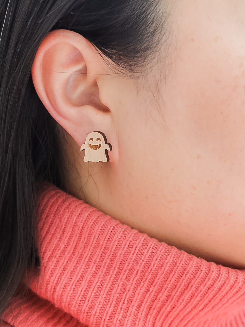 Sheet Ghost Wooden Stud Earrings