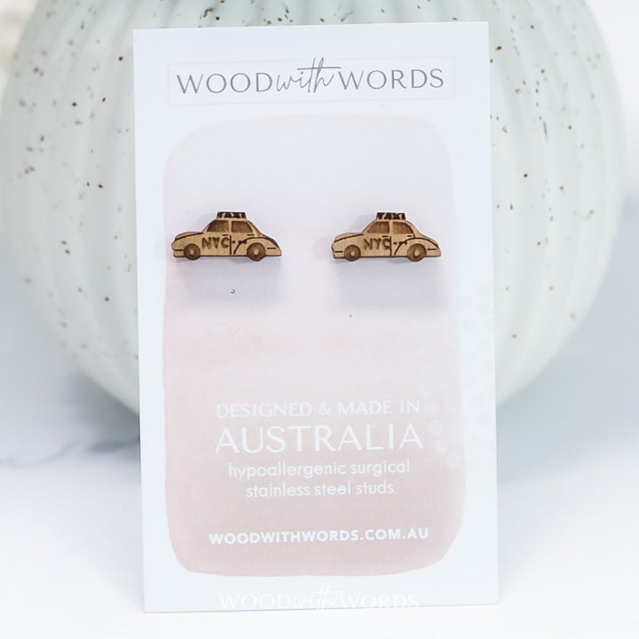 New York Cab Wooden Stud Earrings